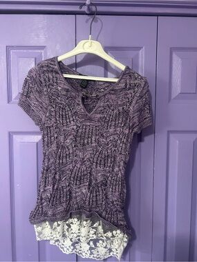Purple Crochet Knit Short-Sleeve Top with Lace Hem